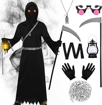 Costume De Faucheuse Enfant Garçon Halloween - Brille Dans Le Noir, Avec Faucille Et Chaîne, Taille L 10-12 Ans