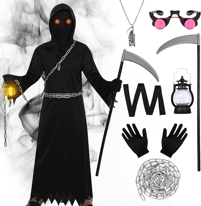 Grim Reaper Costume Halloween Costumes with Gloves, Red Eye Glasses