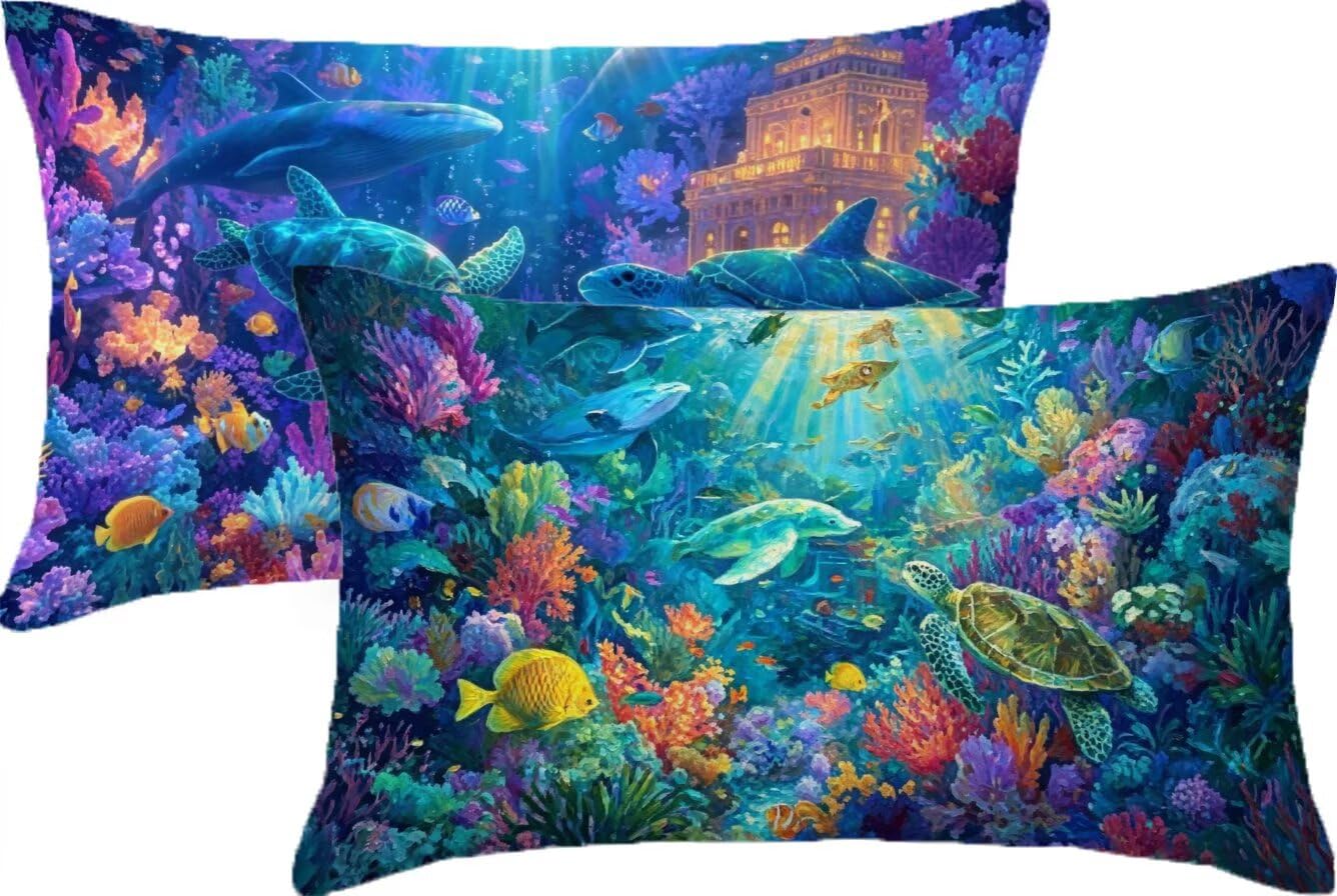 Lot de 2 Housses de Coussin Mer 90x60 cm Imperméables Poisson JK-459