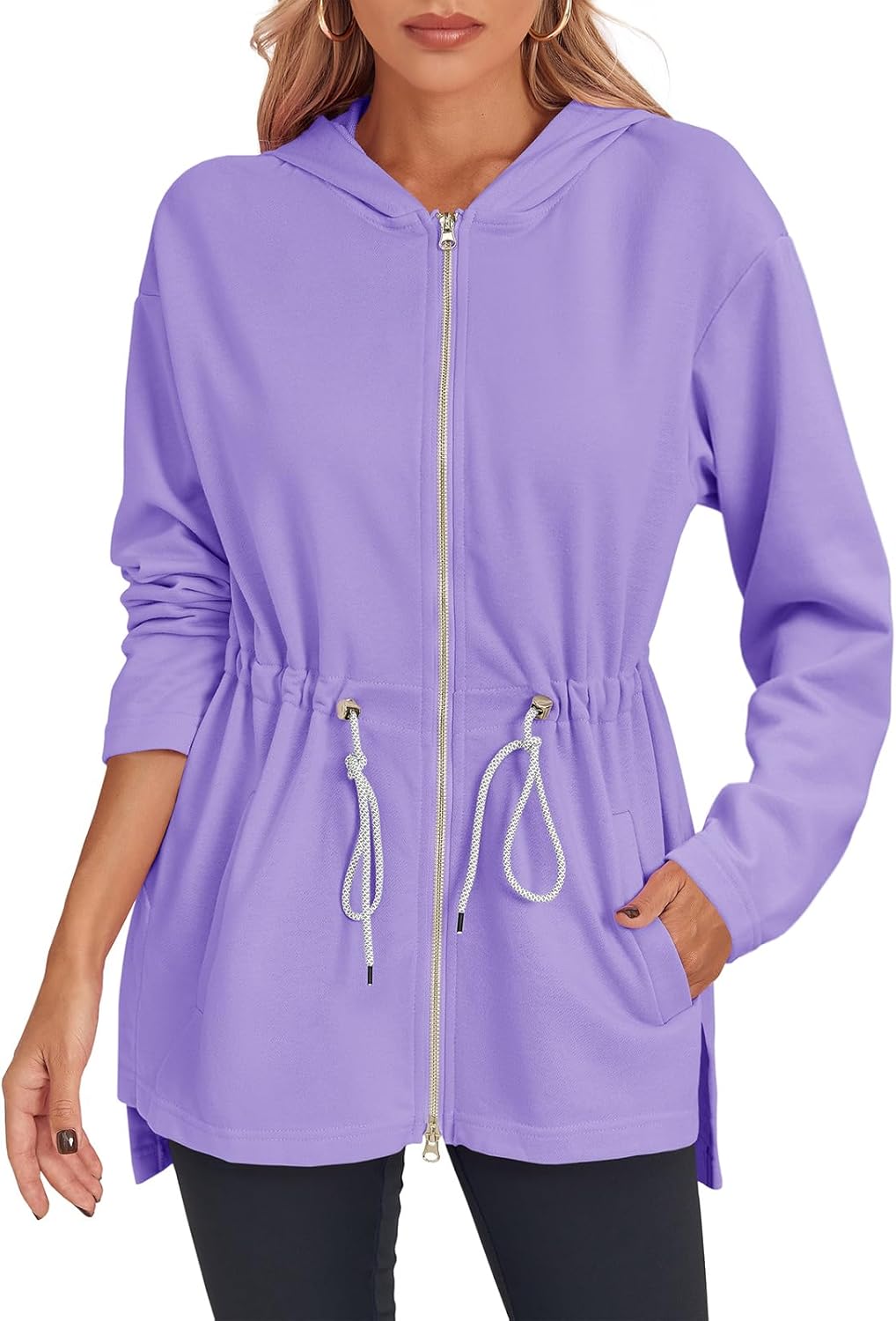 Fisoew Women's Zip Up Hoodie Sweatshirts Oversized Long Sleeve Casual Drawstring Waist Side Slit Tunic Tops