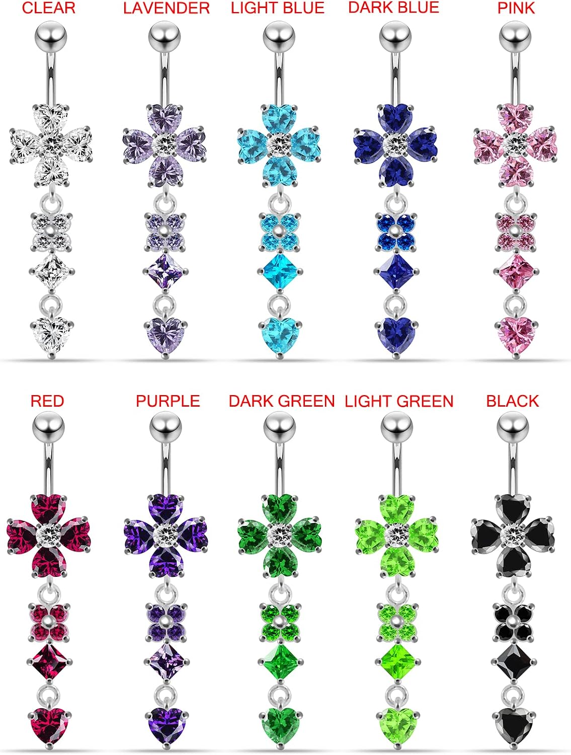 Clover Leaf with Square Flower and Heart Dangling Design 925 Sterling Silver with Stainless Steel Belly Ring - Belly Button jewelry - Navel jewelry