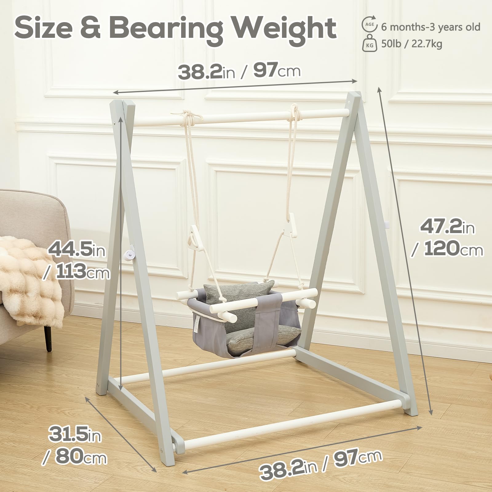 FUNLIO Altalena in legno per bambini dai 6 ai 36 mesi, set altalena pieghevole con 4 sacchi di sabbia, altalena per bambini, per interni ed esterni, colore grigio