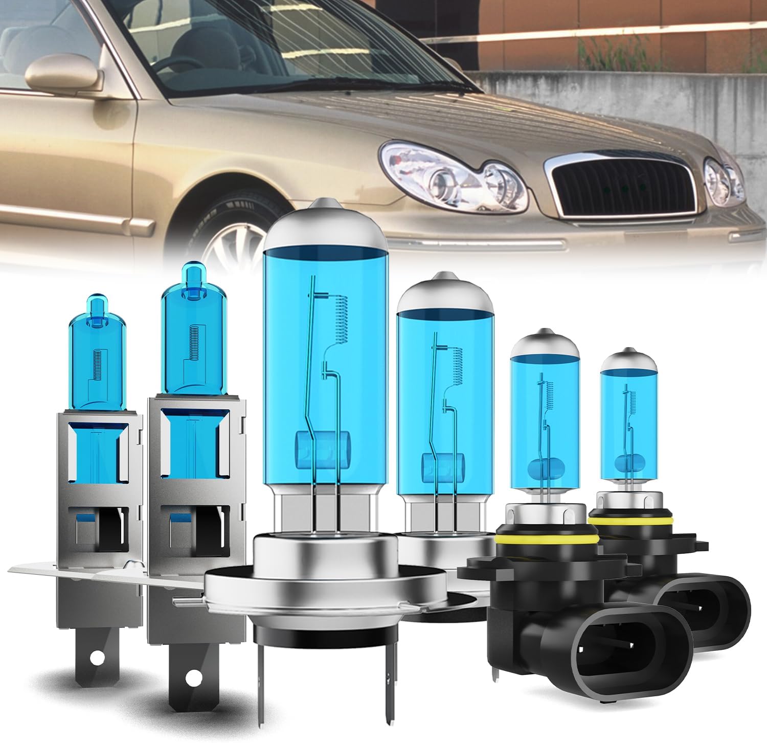 Headlight Bulbs Fit For Hyundai Sonata 2002-2005, H1 High Beam + H7 Low Beam + 9006 Fog Lights Halogen Bulb, 6000K White Light, Plug and Play, Pack of 6