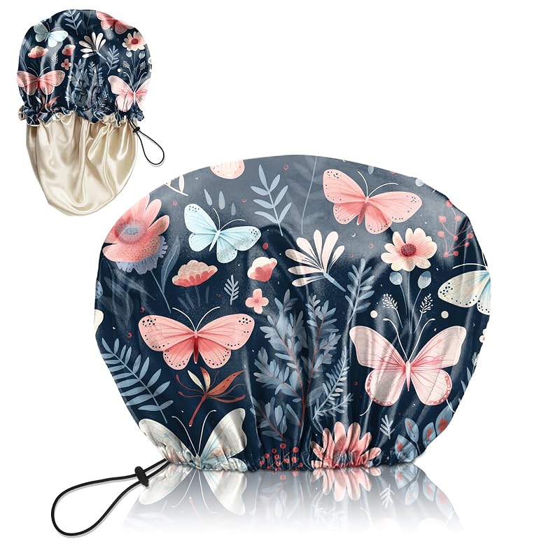 Touca de banho Deokke com revestimento interno de cetim, impermeável, reutilizável e ajustável — Borboleta Floral