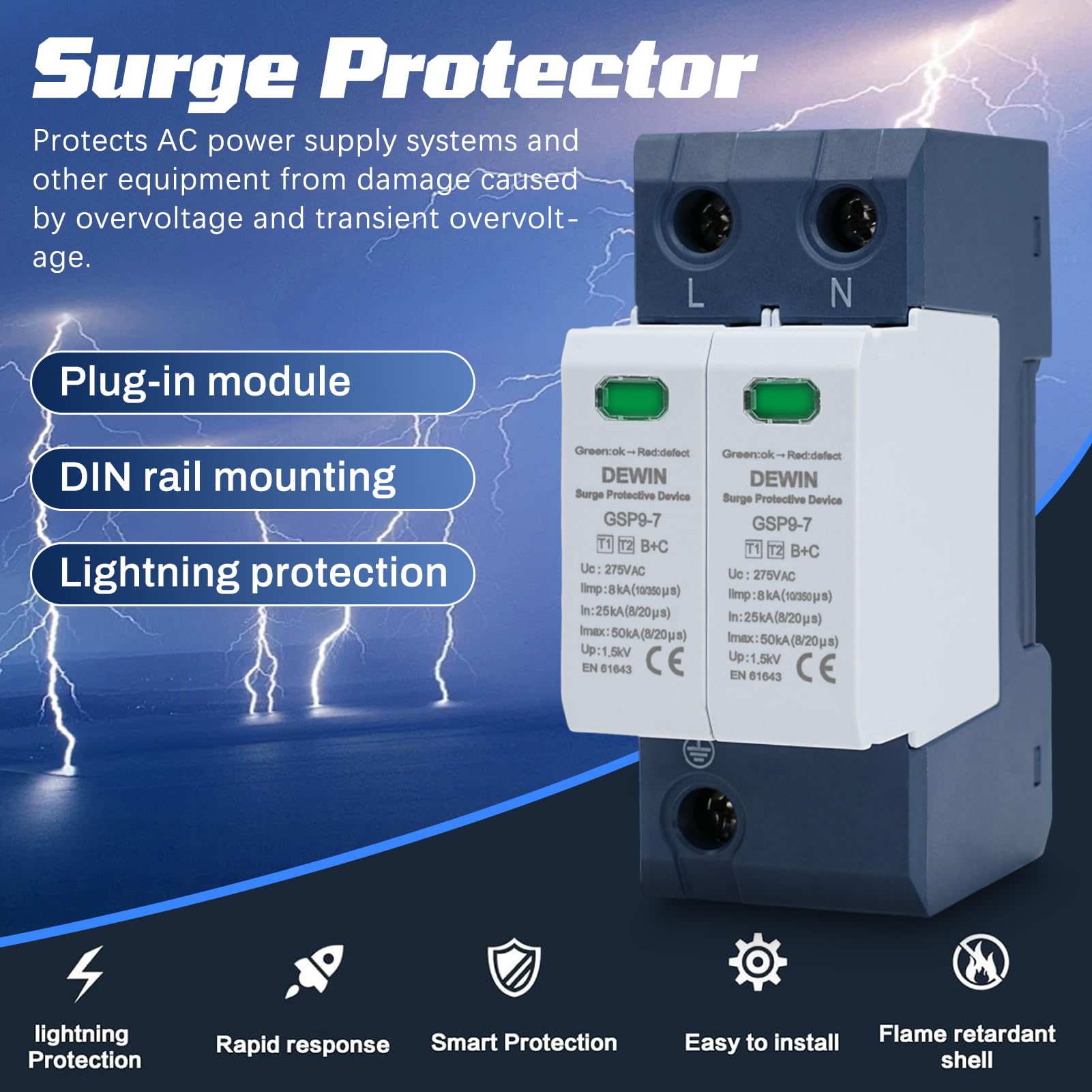 DEWIN Scaricatore di Sovratensione 2P AC 275V 25KA~50KA Dispositivo Protezione Fulmini Bassa Tensione