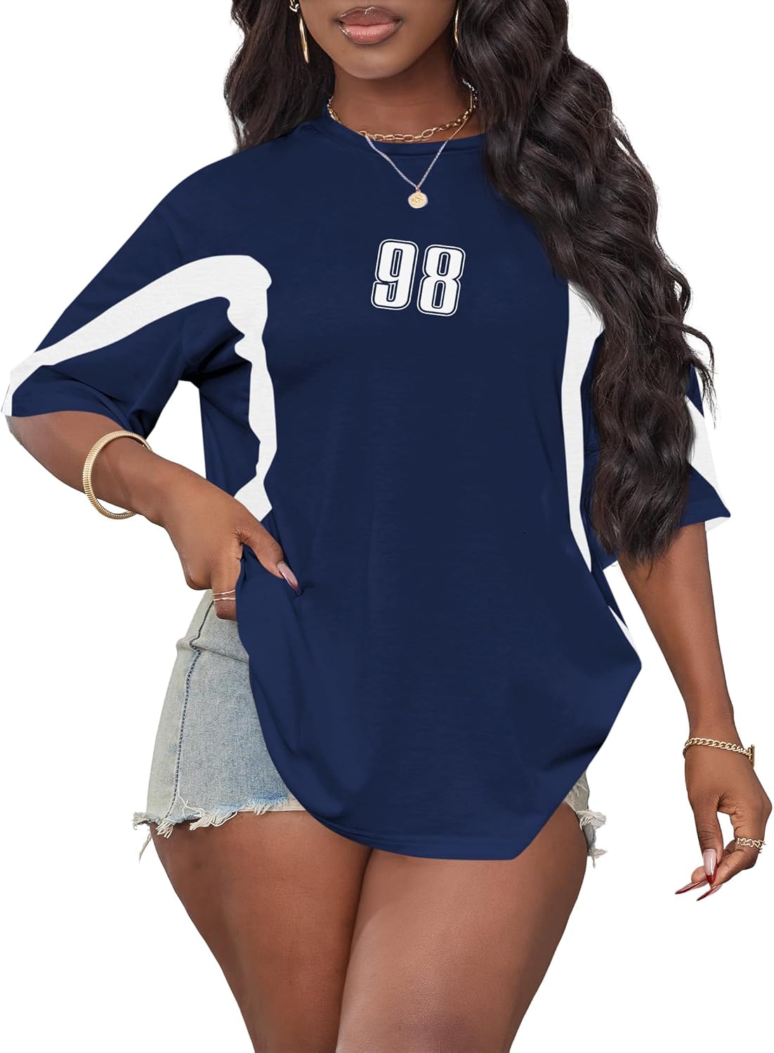 Hilinker Womens Oversized Graphic Tshirts Casual Summer Tees Short Sleeve Color Block Tops - Image 5