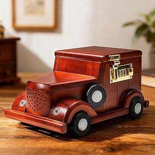 Vintage Wooden Classic Car Money Bank Lock Antique Vehicle Coin Savings Box Dual Coin Storage Password-Protected Design Home Decor Figurine Collectible Birthday Gift for Kids Classic Car
