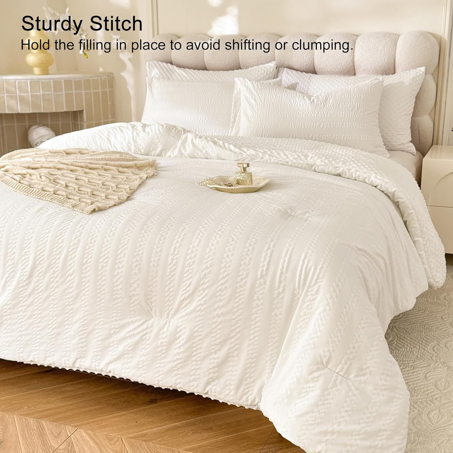 boho comforter set queen size striped pleats bohemian seersucker bedding set all season soft cozy 3 pieces quilt with 2 pillowcases(90"x90" white) white queen(90"x90")