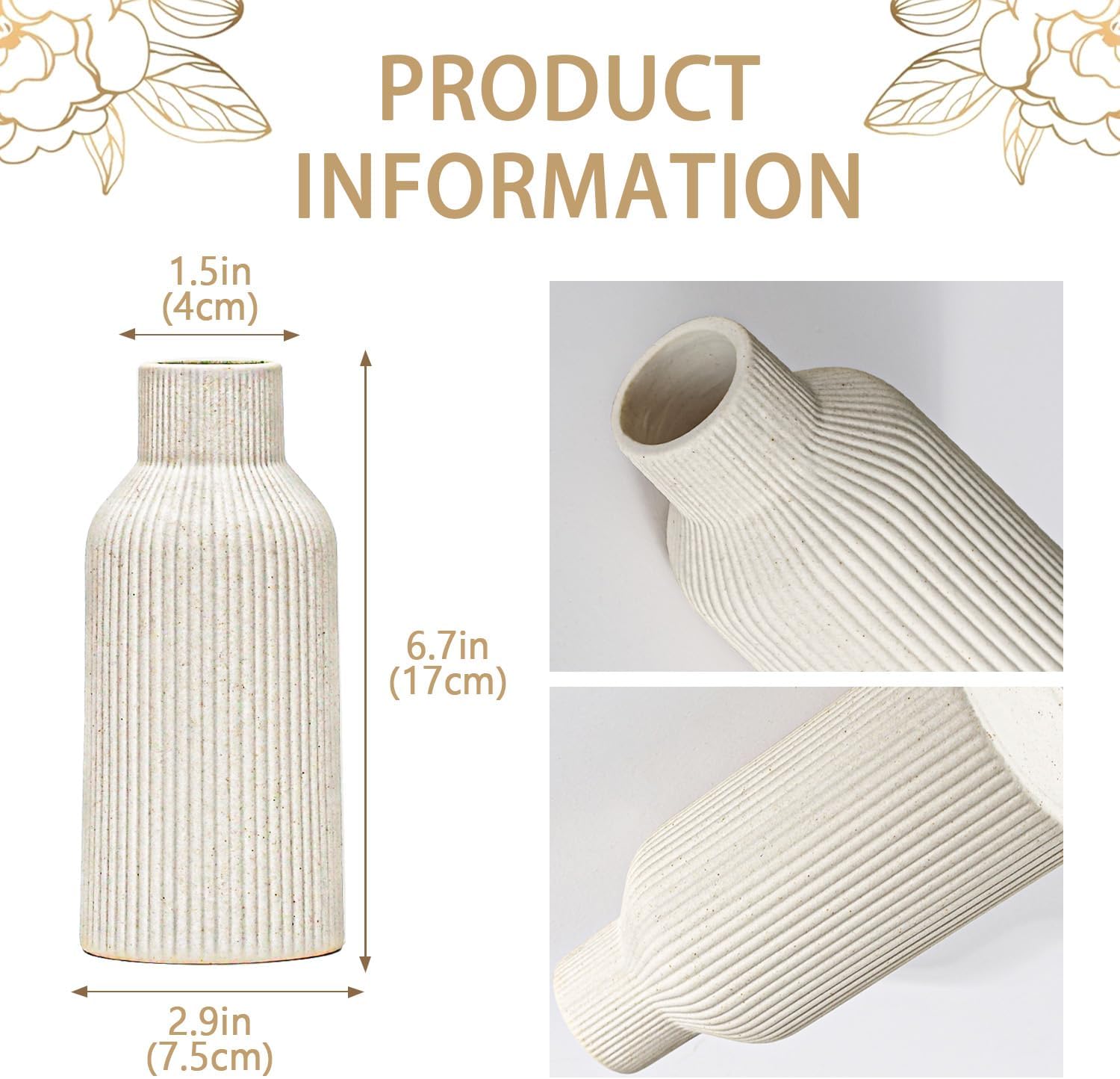 Bohemian Beige Ceramic Vase - for Pampas Grass, Mantel, Bookshelf, Entryway and Living Room Decor (Beige, 7in) - Image 2