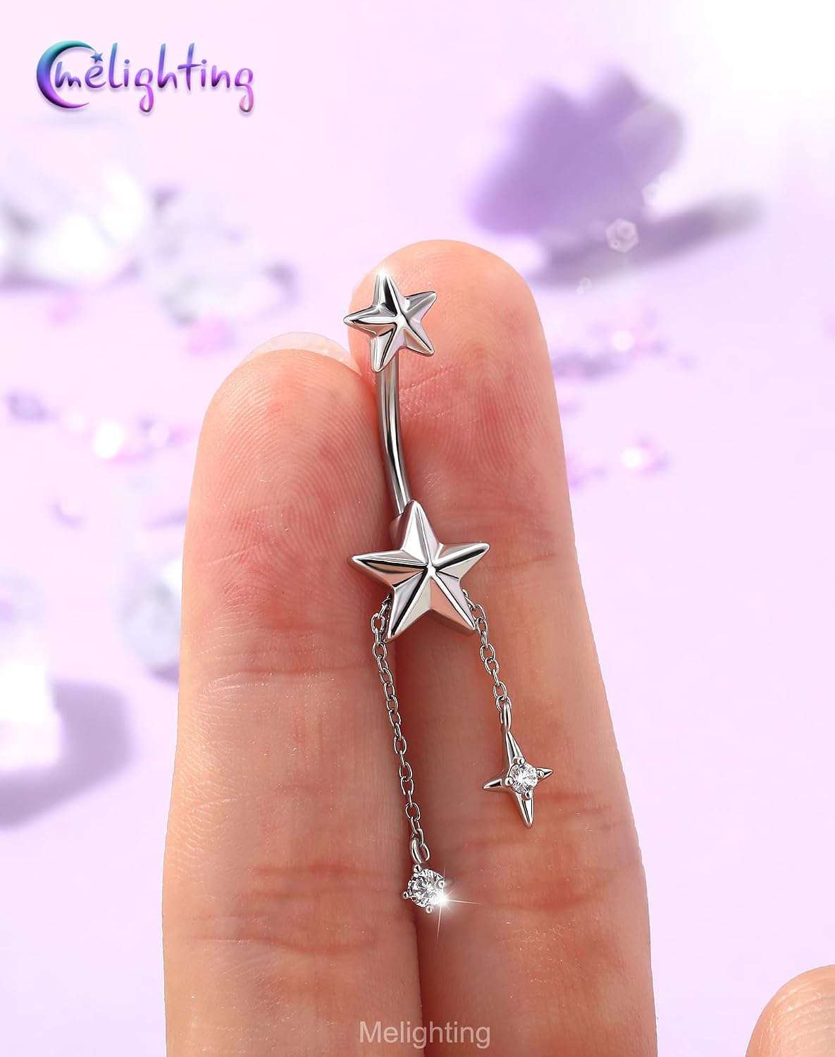 Melighting 14G Gold Belly Button Ring Dangle Chain, 10 mm Stainless Steel Belly Piercing Jewelry with CZ Heart Star Design, Cute Silver Navel Ring for Beach Daily Wear Women