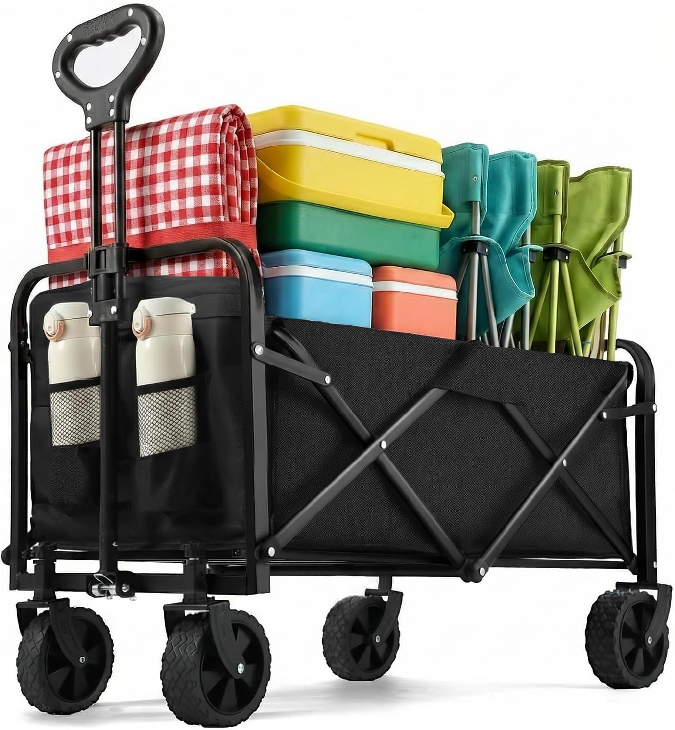 PASAMIC Carrello pieghevole 100L100kg, carrello pieghevole e robusto, con ruote per tutti i terreni e portabicchieri, leggero per il trasporto di cane, shopping, spiaggia, campeggio, nero