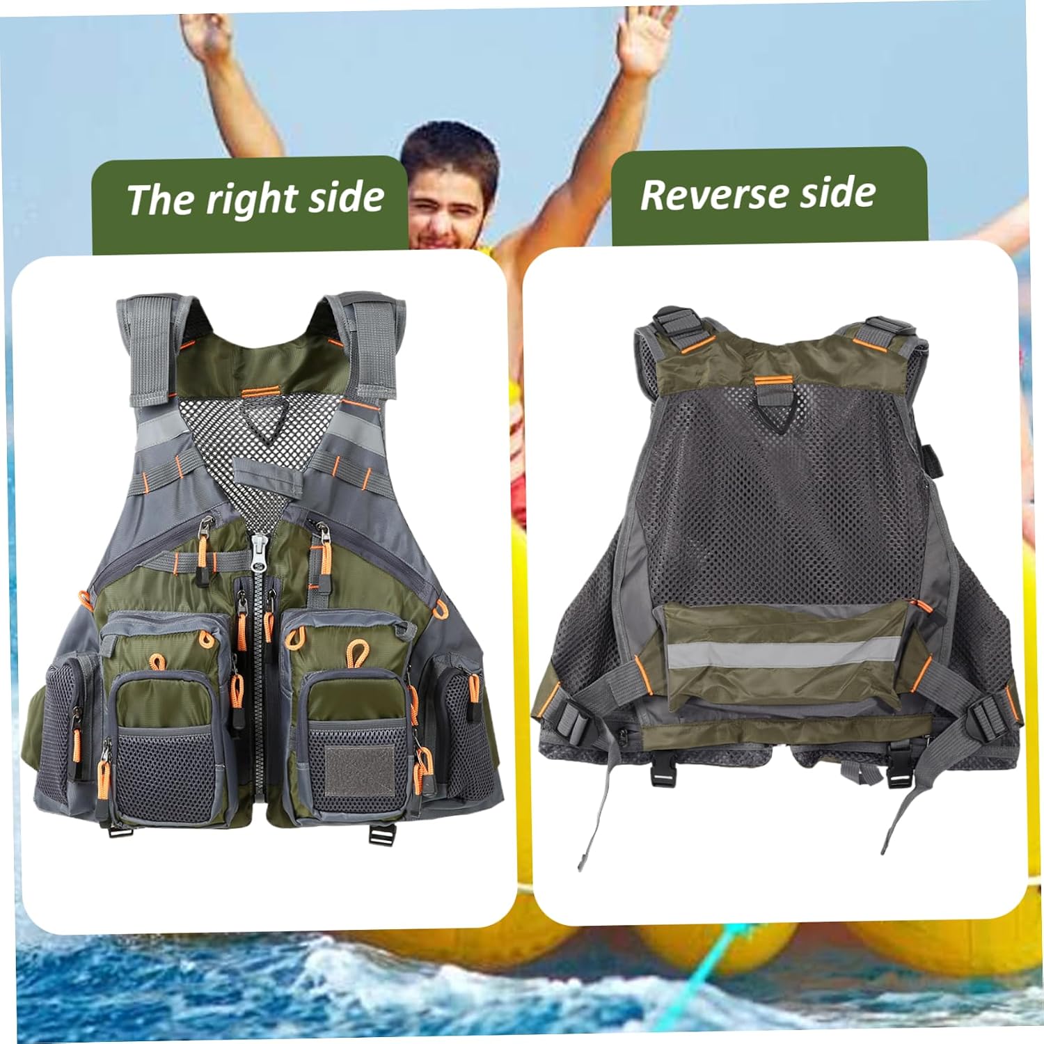 Fishing Vests with 13 Pockets Olive Green Breathable Mesh Fishing Vest with Reflective Stripes & Adjustable Straps Fly Vest for Fly Bass, Average Size, Vests