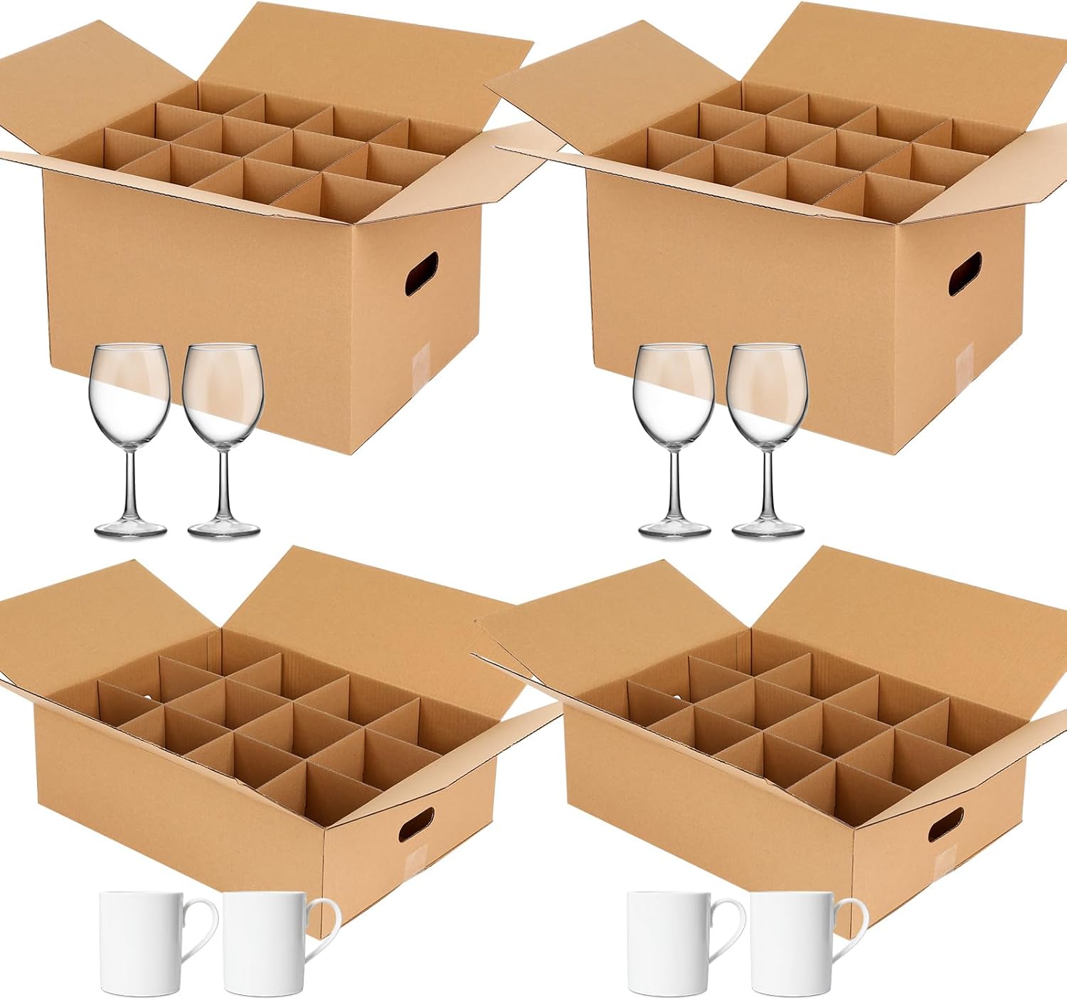 4 Pack Kitchen Moving Boxes with Divider and Handle Kits Included 15 x 12 x 10 Inch 2 Wine Glass Packing Box 17.7 x 13.4 x 5.7 Inch 2 Mug Kitchen Moving Boxes