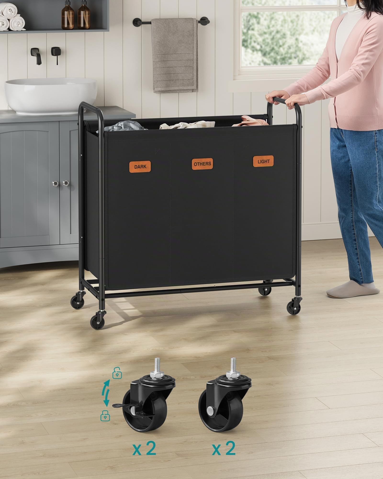 SONGMICS Panier à linge avec roulettes, panier à linge 3 compartiments, 170 l, panier à linge mobile, 5 étiquettes, pour buanderie, chambre à coucher, salle de bain, noir d'encre RLS330B01