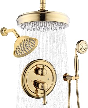Enga Antique Dual Shower Head Faucet Set - 8" Ceiling Mount Rain Shower & 6" Wall-Mounted Vintage Rainfall + Handheld Spray Combo, Bright Gold