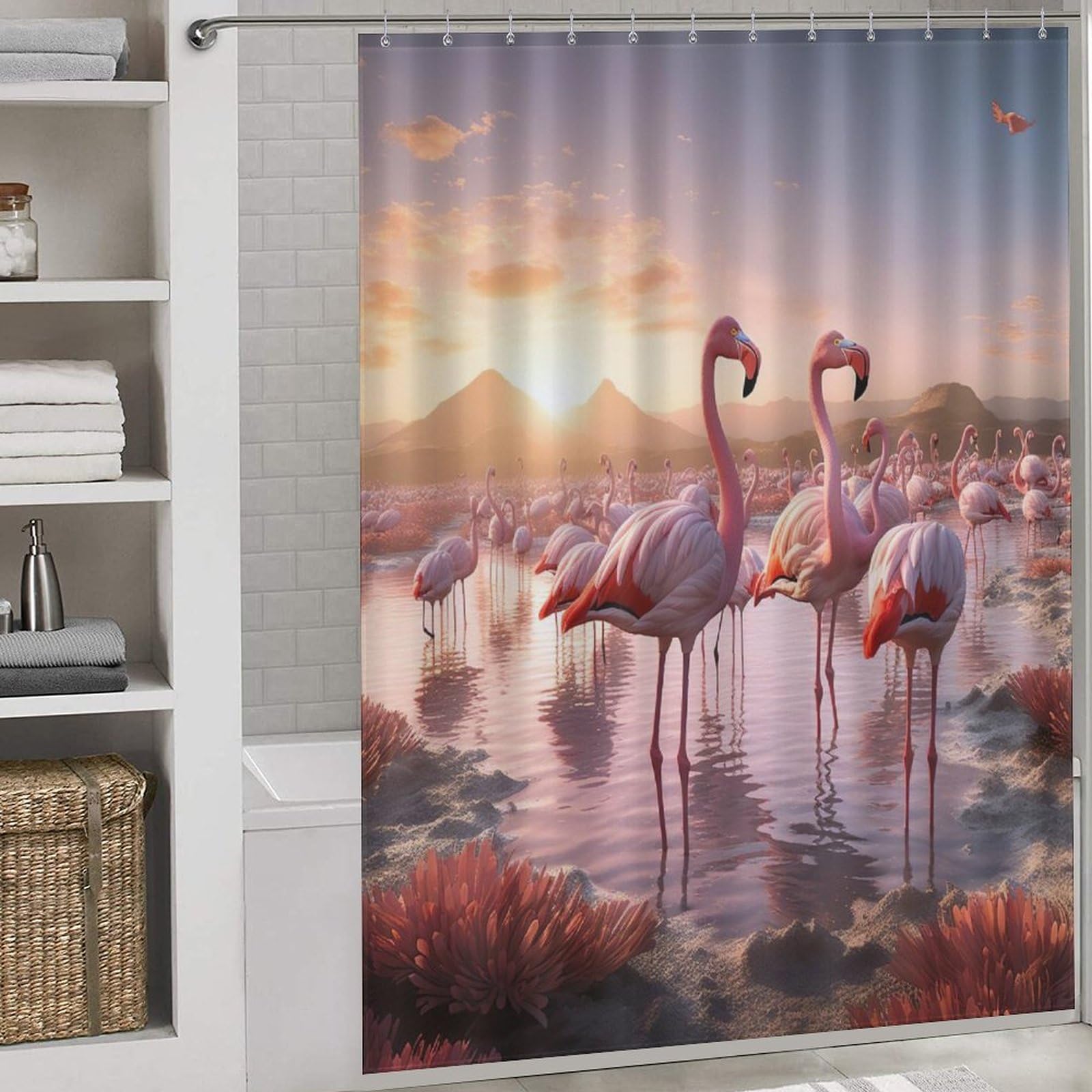 Rideau de douche flamant polyester 168x183 cm avec 12 anneaux inclus