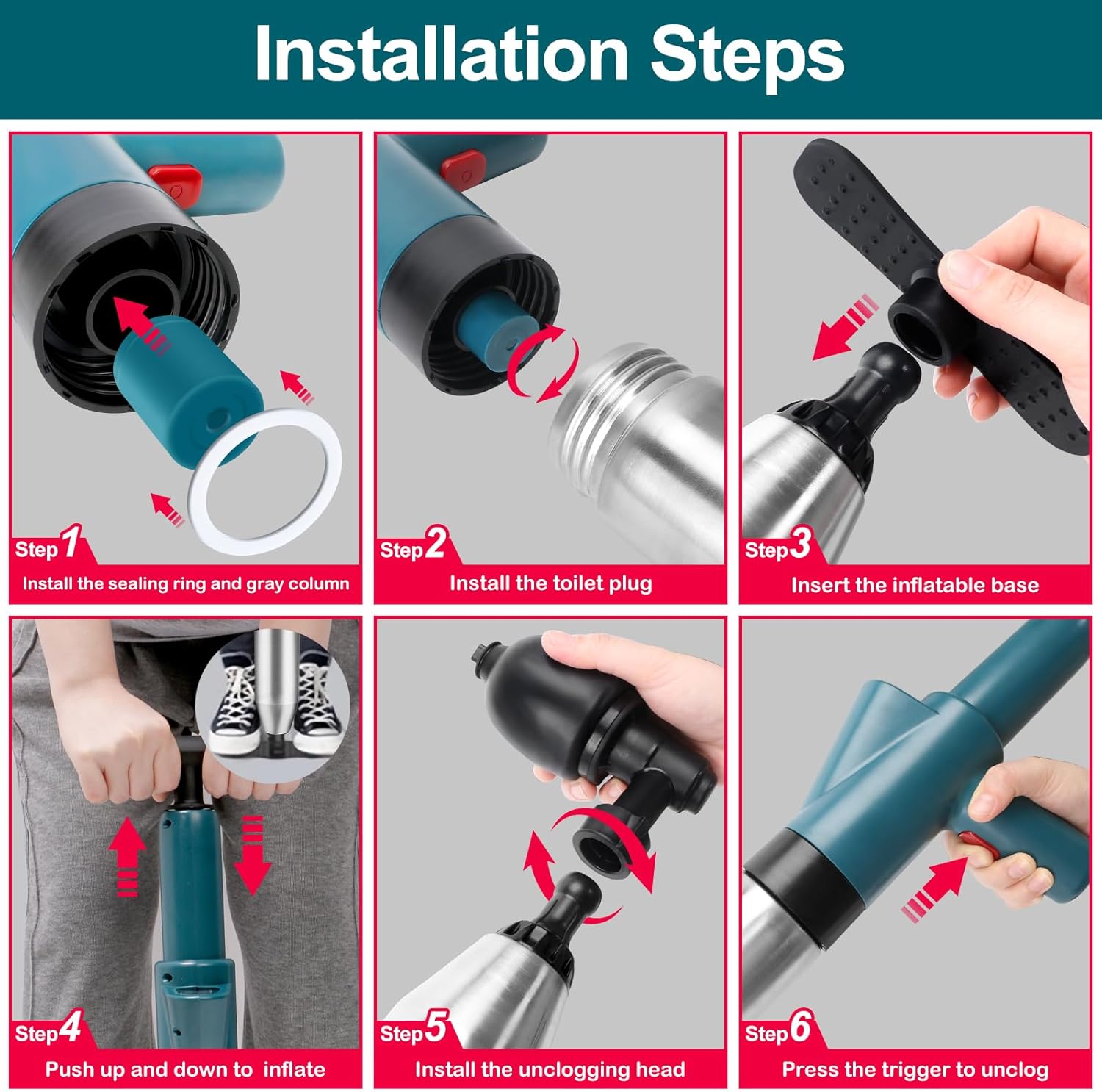 Vertdens Toilet Plunger，Toilet Plunger Air Drain Blaster, High Pressure Drain Plumb Plunger Gun,High Pressure Air Drain Blaster Gun with Real-Time Barometer,Stainless Steel Air Plungers