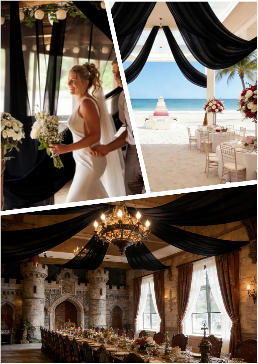 DUOBAO Black Chiffon Sheer Wedding Backdrop Curtains 5x20 FT - 4 Panels Tulle Drapes Fabric Arch Drapery, Photography Background with Rod Pocket for Stage Tent Canopy, Birthday Arch Drapery