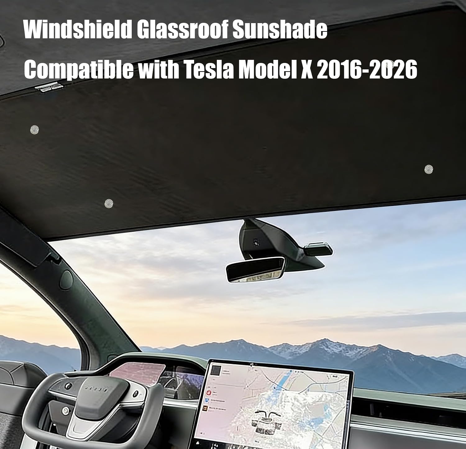 Windshield Glassroof Sunshade Compatible with Tesla Model X 2016-2026[No Gaps, Never Sag], Upgrade Soft Suede Glass Sunroof Sun Shade Foldable Heat Insulation Shield(Suction Cup)