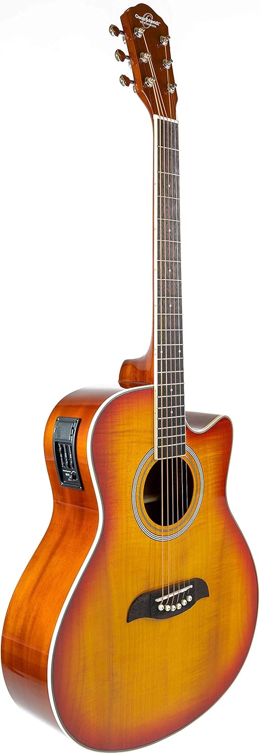 Oscar Schmidt OA10CE Mini Auditorium Acoustic-Electric Guitar - Spalted Maple Bundle with Gig Bag, Cable, Tuner, Strap, Picks, Instructional Book, DVD, and Polishing Cloth