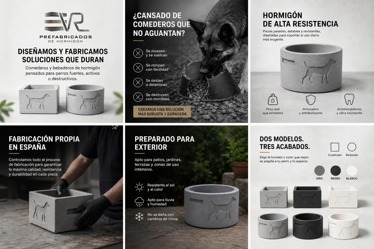 VR Prefabricados Comedero de Hormigón Antivuelco para Perros – 13 kg Peso Real – Antimordeduras y Ultra Resistente – Uso Exterior – Acabado Artesanal – Fabricado en España
