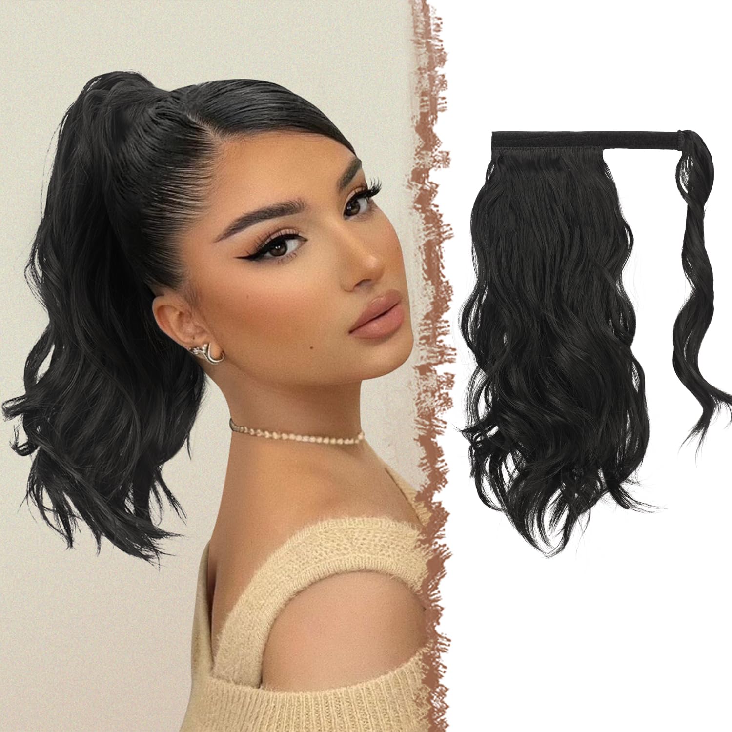 FESHFEN Wavy Ponytail Extension, Natural Curly Wrap Around Ponytails Off Black Hair Piece Synthetic Long Clip Pony Tail Hairpieces for Women, 14 inch