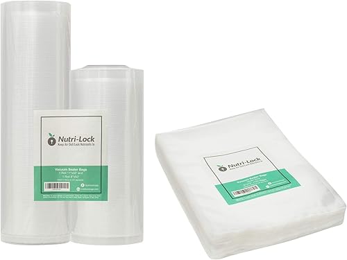 Bolsas selladoras al vacío. Rollos de 11 x 50 y 8 x 50 con 100 cuartos de galón de 8 x 12 pulgadas bolsas preselladas. Bolsas de calidad comercial.