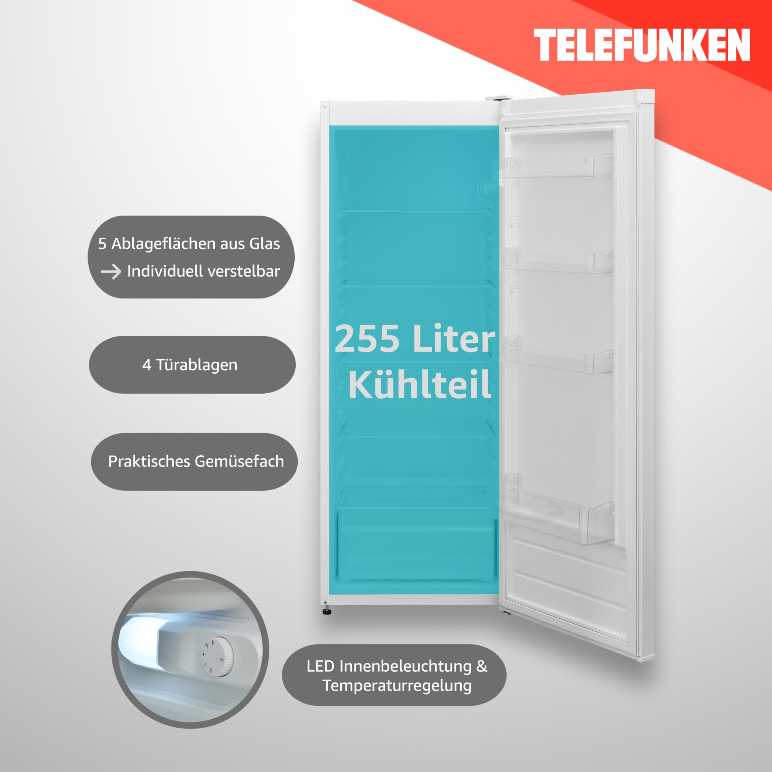 TELEFUNKEN Standkühlschrank 255 Liter Vollraumkühlschrank freistehend LED-Beleuchtung Türanschlag wechselbar weiß