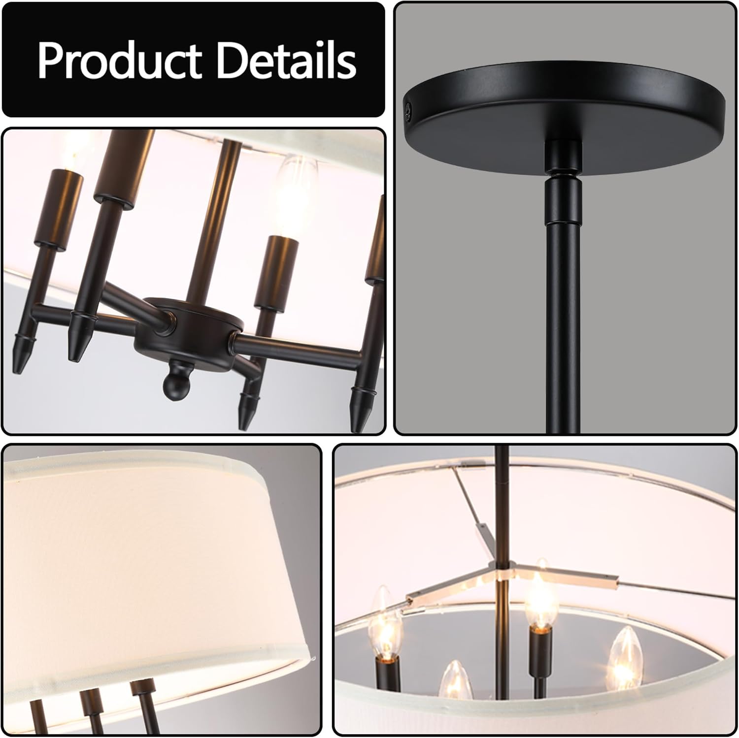 Untrammelife Drum Pendant Chandelier 4-Lights Black Ceiling Hanging Light Fixture with 20" White Shade, for Dining Room Living Room Bedroom Kitchen Island Stairway Hallway