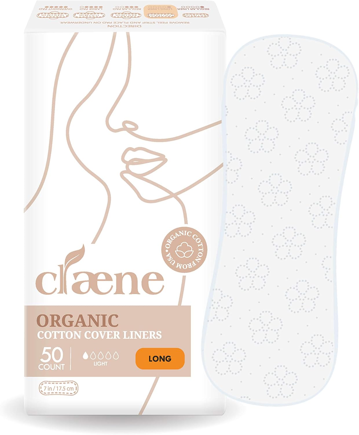 Claene Organic Cotton Panty Liners, Unscented,Thin, Cruelty-Free, Daily, Breathable, Light Incontinence, Natural Pantyliners, Vegan, Menstrual Pads for Women (Regular, 50P): Health & Personal Care