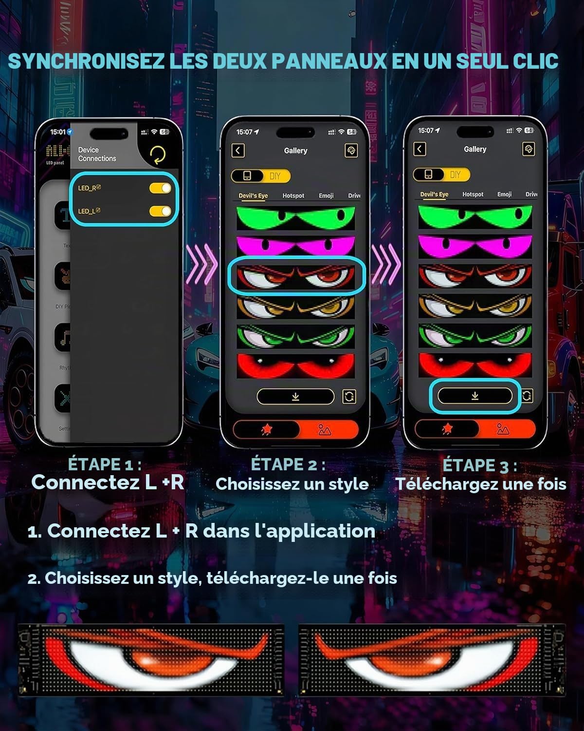 2 Pièces 12 * 59.5cm Yeux Led pour Camion et Voiture, Écrans LED | Pare-Brise de Voitures/Camions/Suv/Camping-Cars avec ContrôLe via Application, Texte Personnalisé, Animations et Graphiques