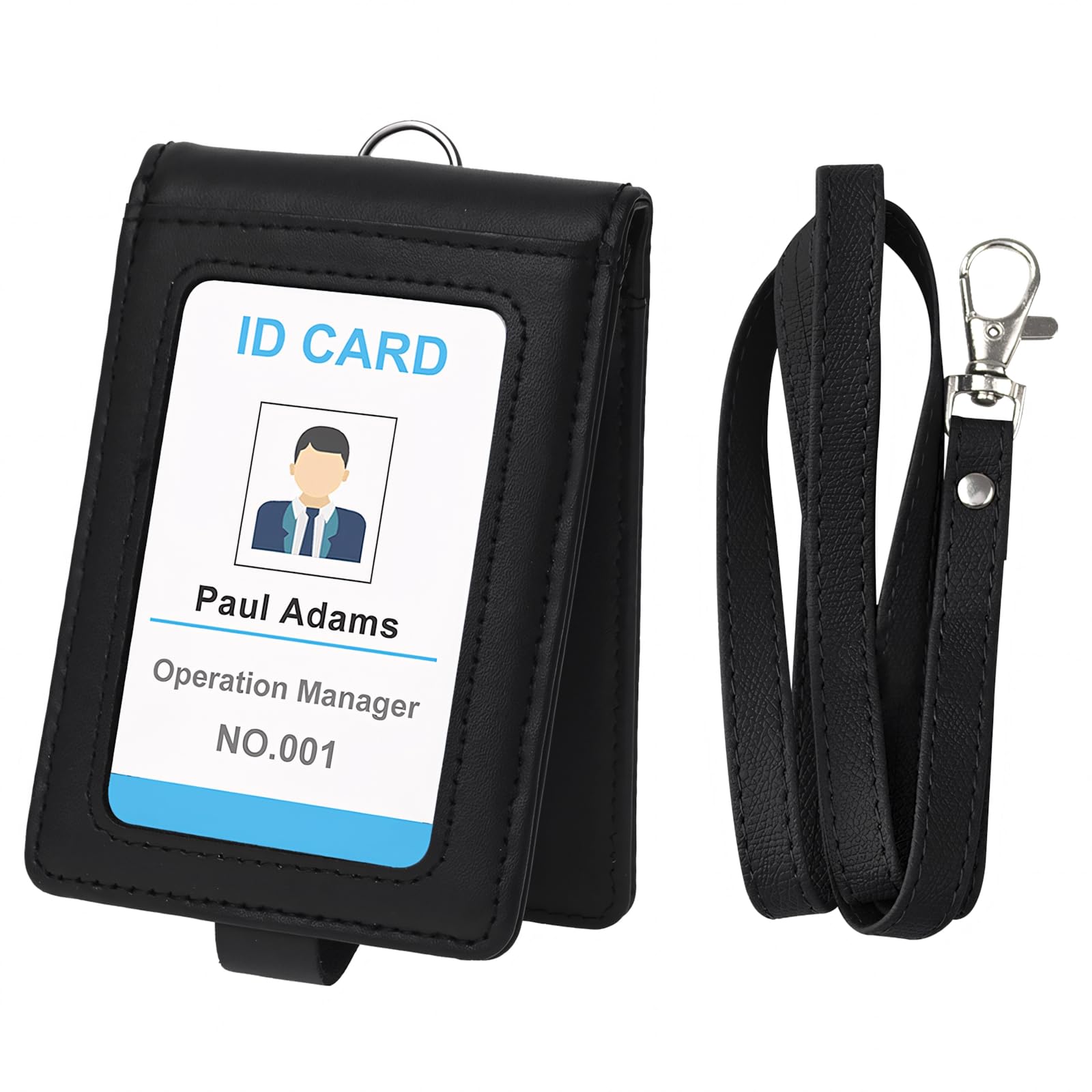 Porta Badge Bifacciale Con Cordino In Pelle PU - Per Tessere ID, Carte Di Credito, Tessere Lavoro E Studenti, Colore Nero