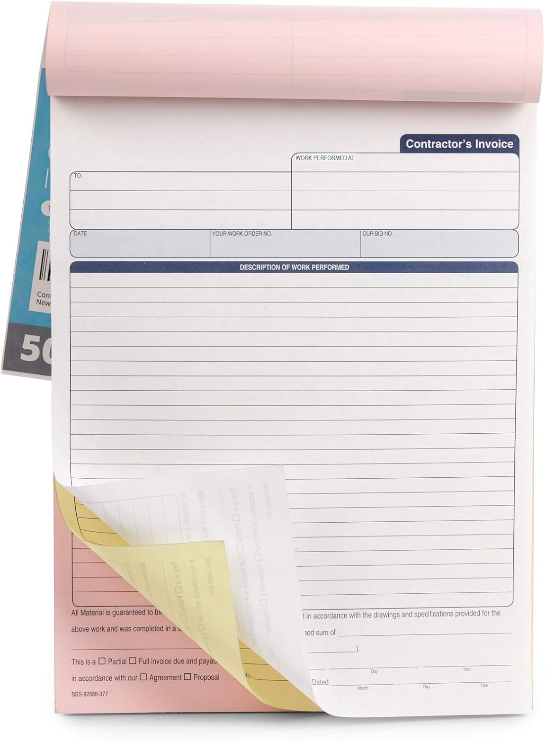 Blue Summit 50 Contractor Invoice Receipt Books, Estimate Book Contractor with Blank Invoice Sheet, 50 Full Page 3 Part Invoices, Carbonless Forms with Carbon Copies, Letter Size