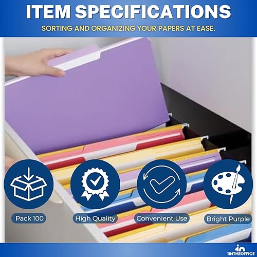 Miniatura 7 de 1InTheOffice Carpetas de archivos moradas tamaño carta carpeta de archivos de 13 carpetas de archivos de colores paquete de 100
