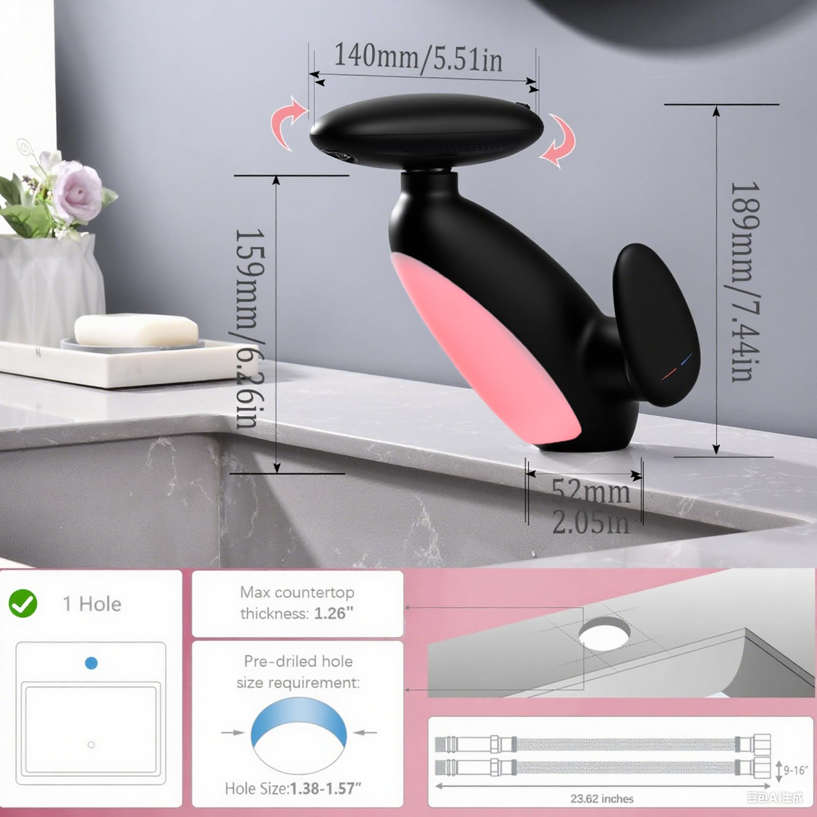 Robinet Salle Bain avec Douchette Extractible à 4 Modes, LED Robinet de lavabo Cascade, Rotatif à 360° Mitigeur de Lavabo, Moderne G 3/8, Noir