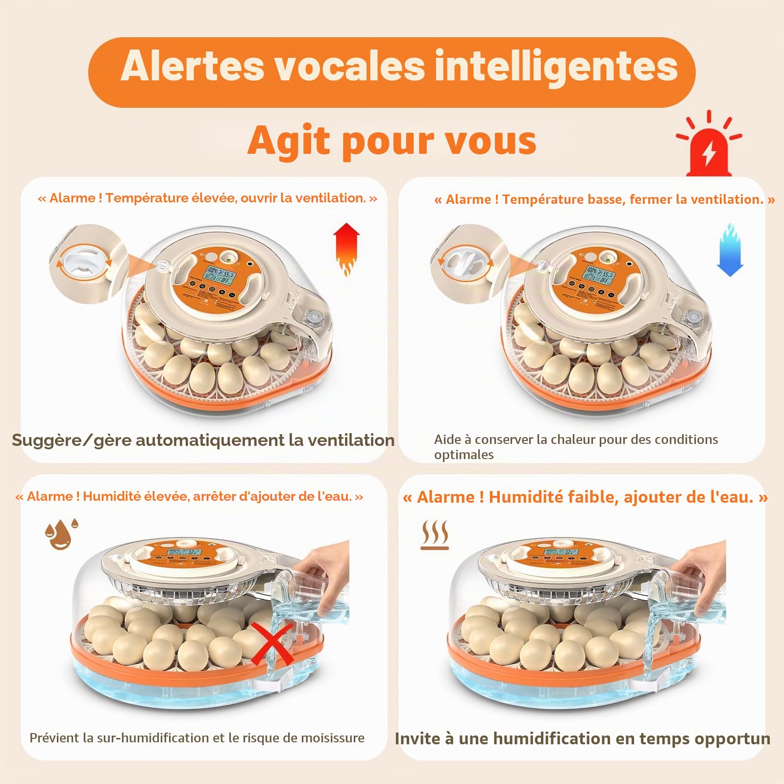 Couveuse Oeuf Automatique 26 Œufs, Commande Vocale pour Œufs de Volaille | Rotation Automatique, Contrôle de Température et Humidité Réglable pour œufs de poule, canard, caille
