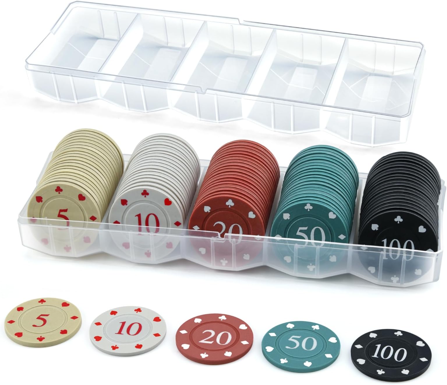 Poker Chips with Denominations, 100 Pieces Professional Casino Chips with Storage Box, Plastic Poker Chip Set, Mini Dice Striped Poker Set for Blackjack Texas Hold Games Travel Homes Parties