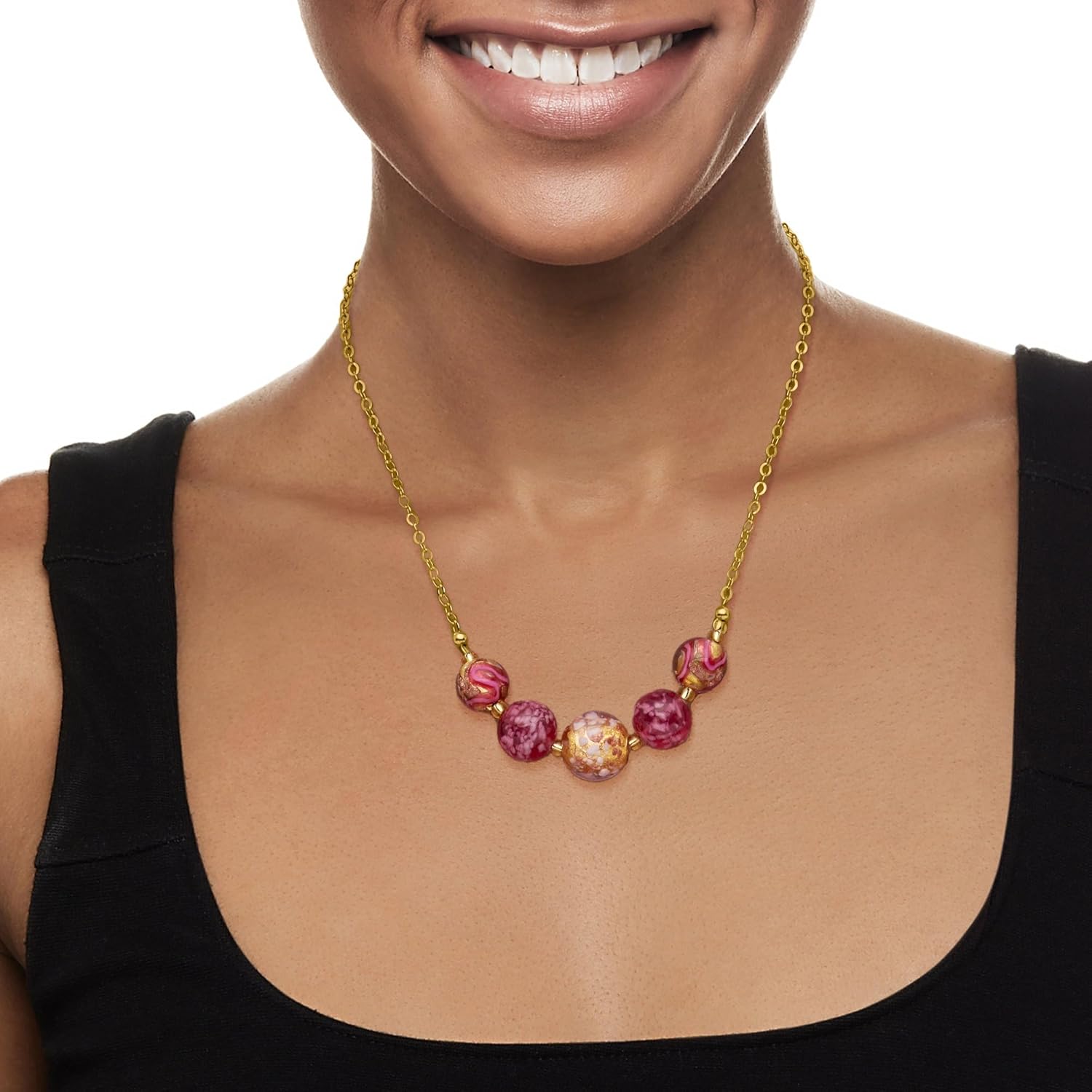 Ross-Simons Italian Multicolored Murano Glass Bead Necklace in 18kt Gold Over Sterling. 18 inches