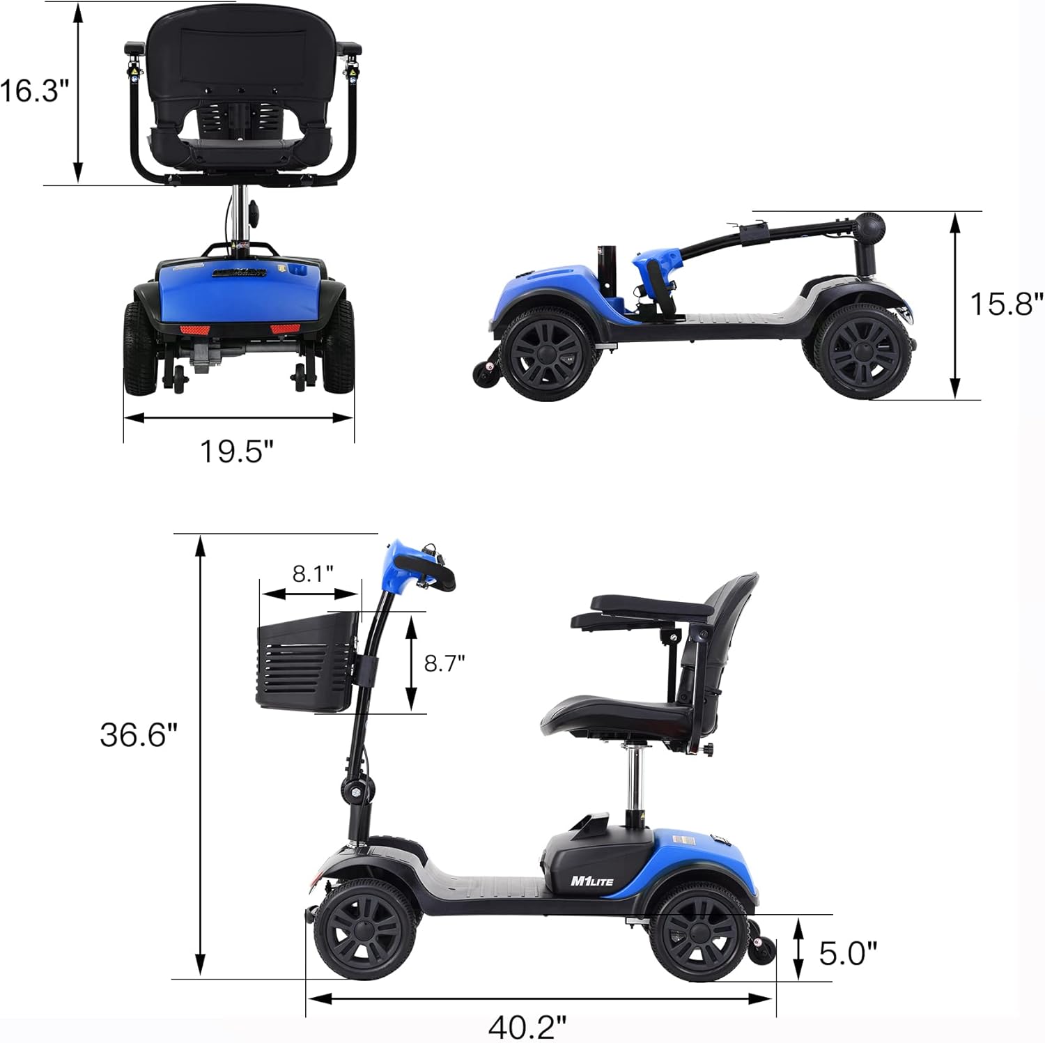 Electric Mobility Scooter for Adults and Seniors 4 Wheel Powered Mobility Scooters for Travel, Elderly - Long Range Power Extended Battery with Charger and Basket Included (LITE-Blue) : Health & Household