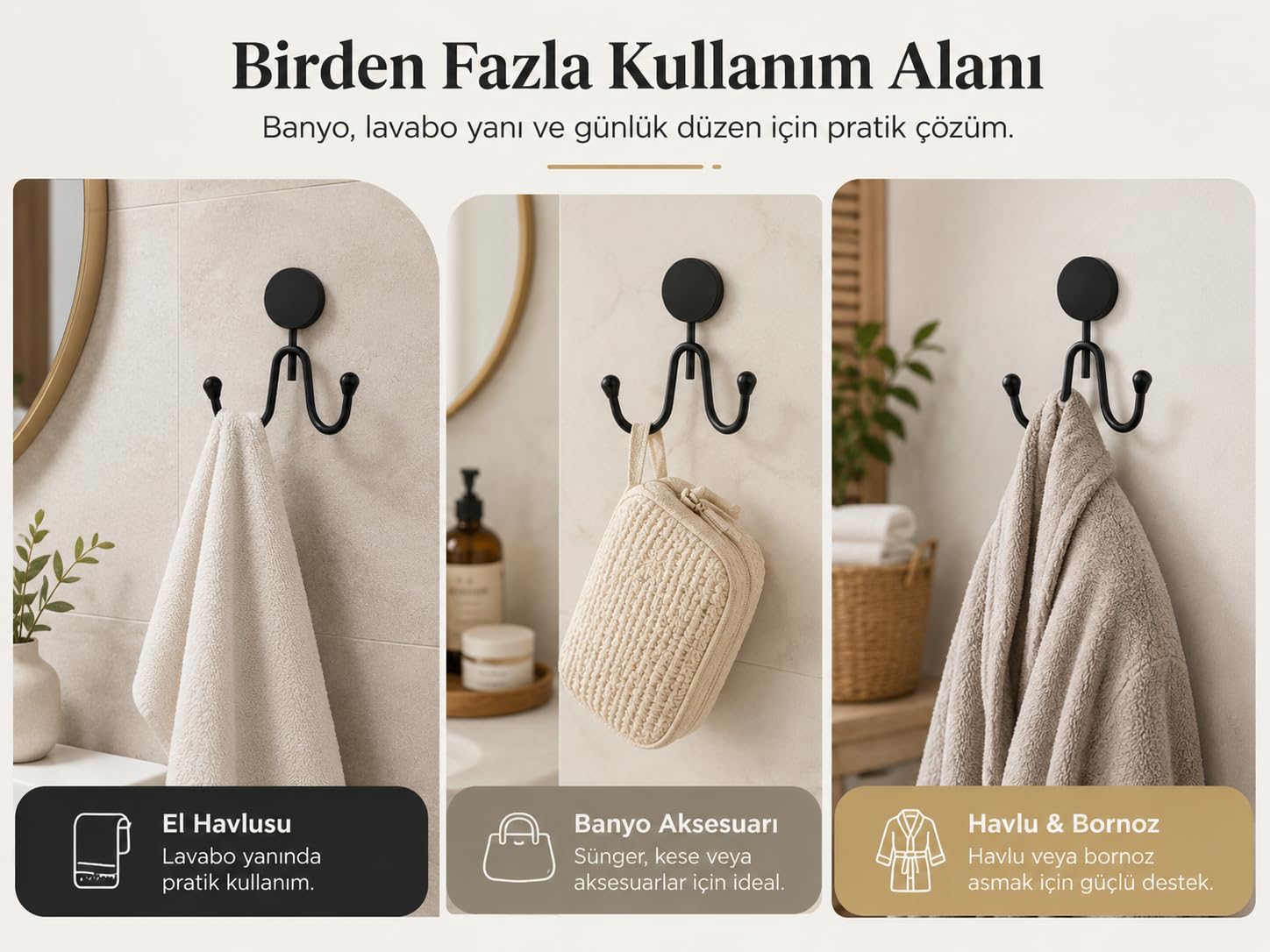 Alper Banyo Lotus Siyah İkili Havlu Askılığı, Yapışkanlı ve Vidalı Montajlı Duvar Askısı, Mat Siyah Statik Boyama, 35 mm Oval Bantlı Banyo Askısı