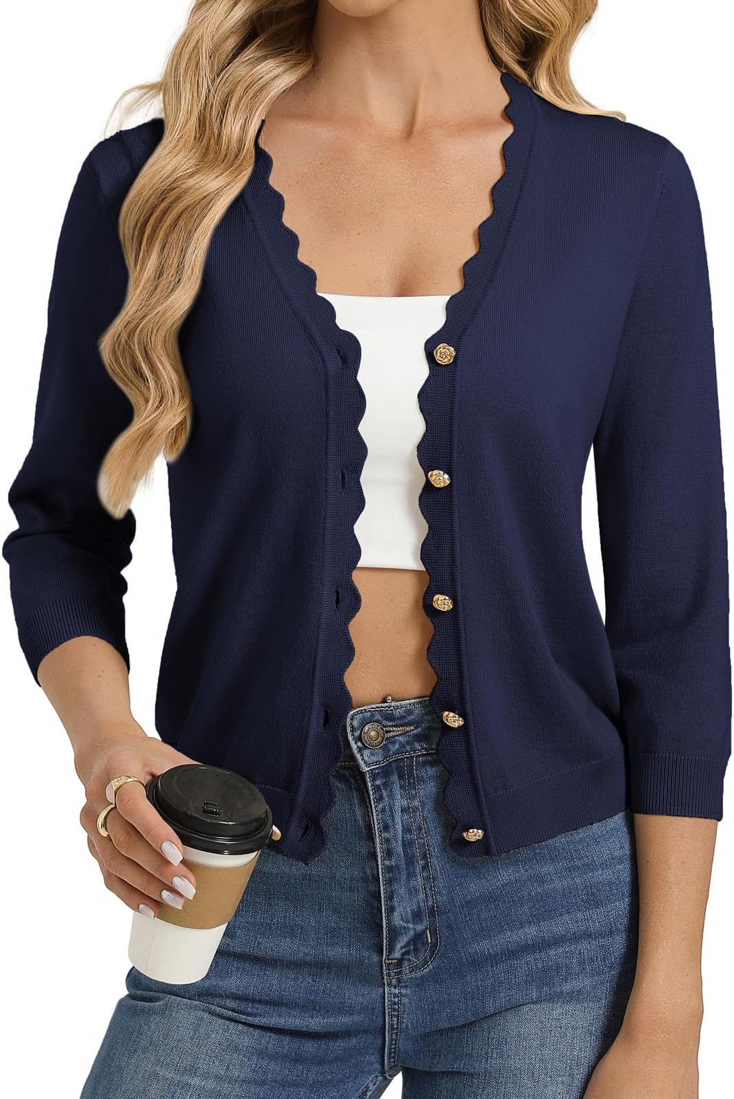 Women's 3/4 Sleeves Cardigans Button Down, Business Elegant Blazer for Women UK, Ladies Summer Cardigan Beach Casual