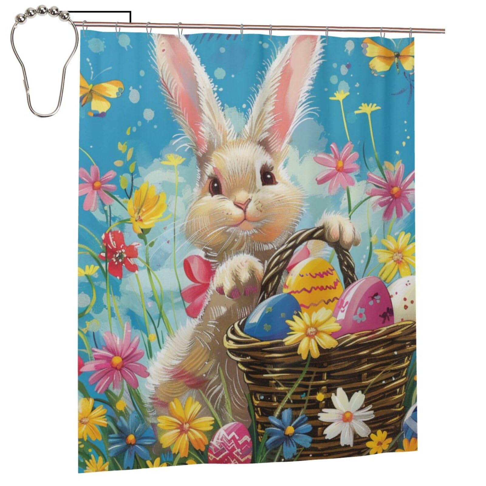 BWWHCCTI Spring Happy Festival Holiday Printed Shower Curtain With 12 Iron Hooks Opaque Quick Drying Waterproof Shower Curtains Sets For Bathroom 152x183 Cm