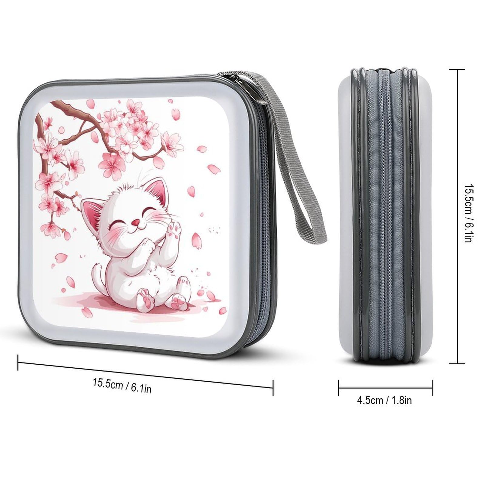 Cute Cat With Cherry Flowers CD Case Plastic DVD Case Holder Wallet Disc Storage Organizer for Car Travel
