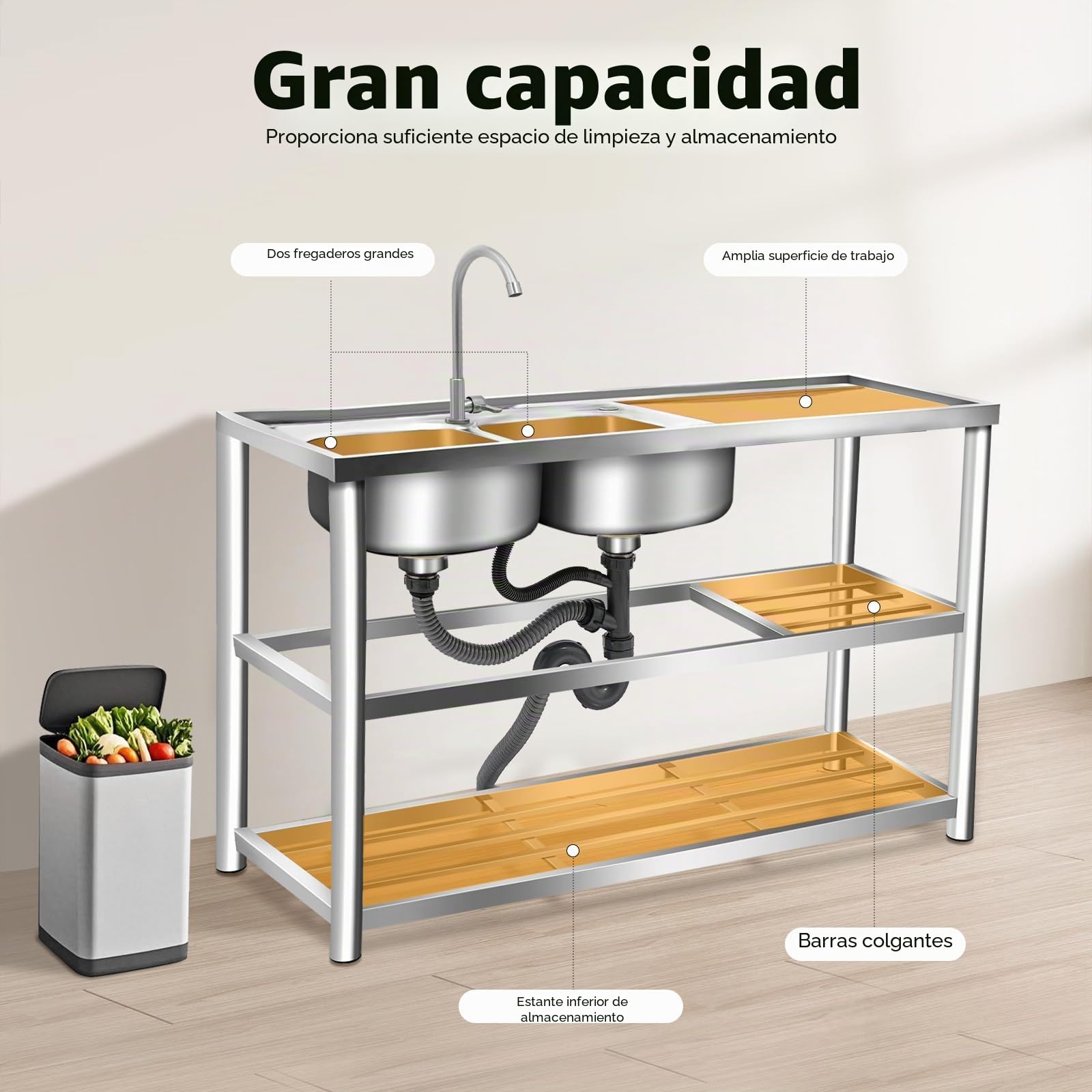 Fregadero de cocina independiente, 2 cuencos, doble, de acero inoxidable, comercial con grifo, soporte y drenaje, para exterior e interior