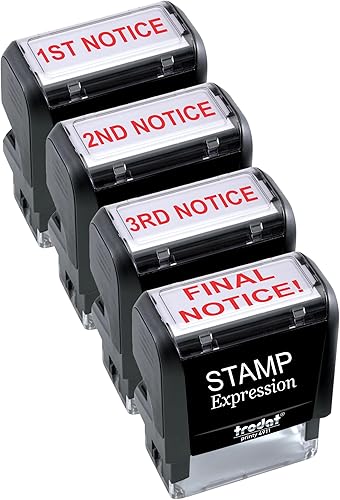 StampExpression - 1ª, 2ª, 3ª, Aviso Final (juego de 4) Sello de goma autoentintado de oficina - Tinta roja (A-5969)