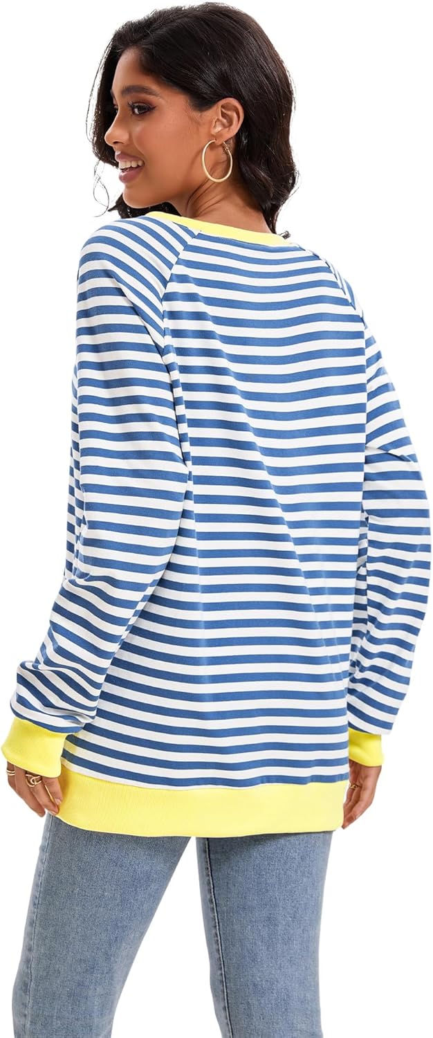 Womens Striped Color Block Sweatshirt Oversized Side Slit Crew Neck Loose Shirts Long Sleeve Pullover Tops 2025 Trendy - Image 4