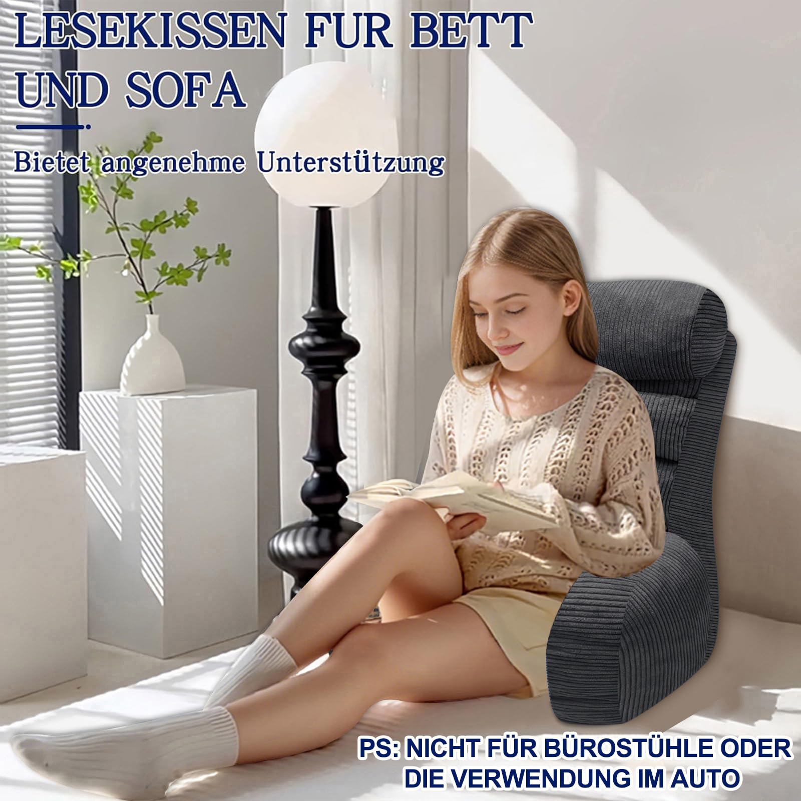 Lesekissen für Bett und Sofa，Rückenkissen für Bett，Lesekissen mit Rückenlehne für Erwachsene ，Bequem zum Sitzen, Lesen & Fernsehen in Boden oder Sofa（Charcoal，65 * 30cm）