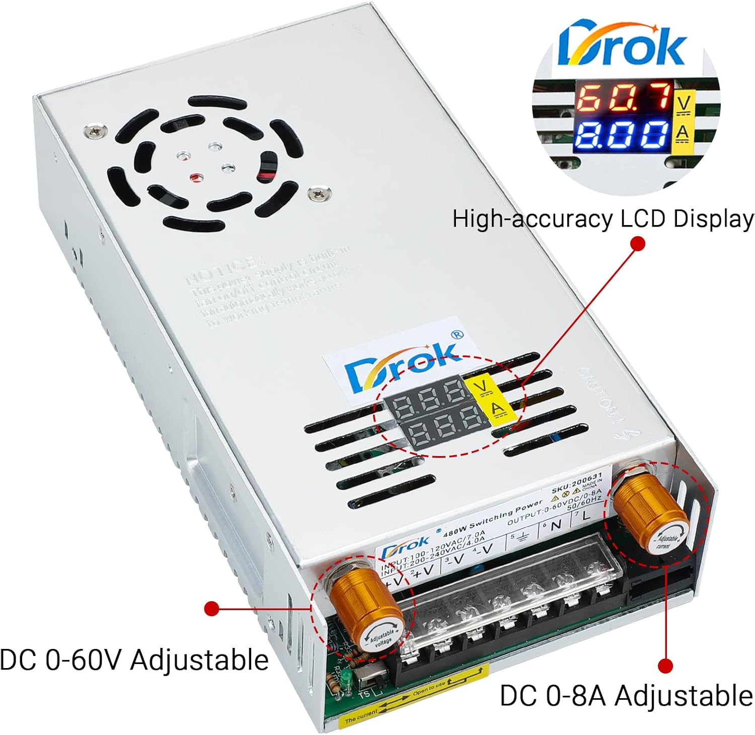 En angle view of the DROK power supply showing the high-accuracy LCD display and the two adjustment knobs for DC 0-60V and DC 0-8A.