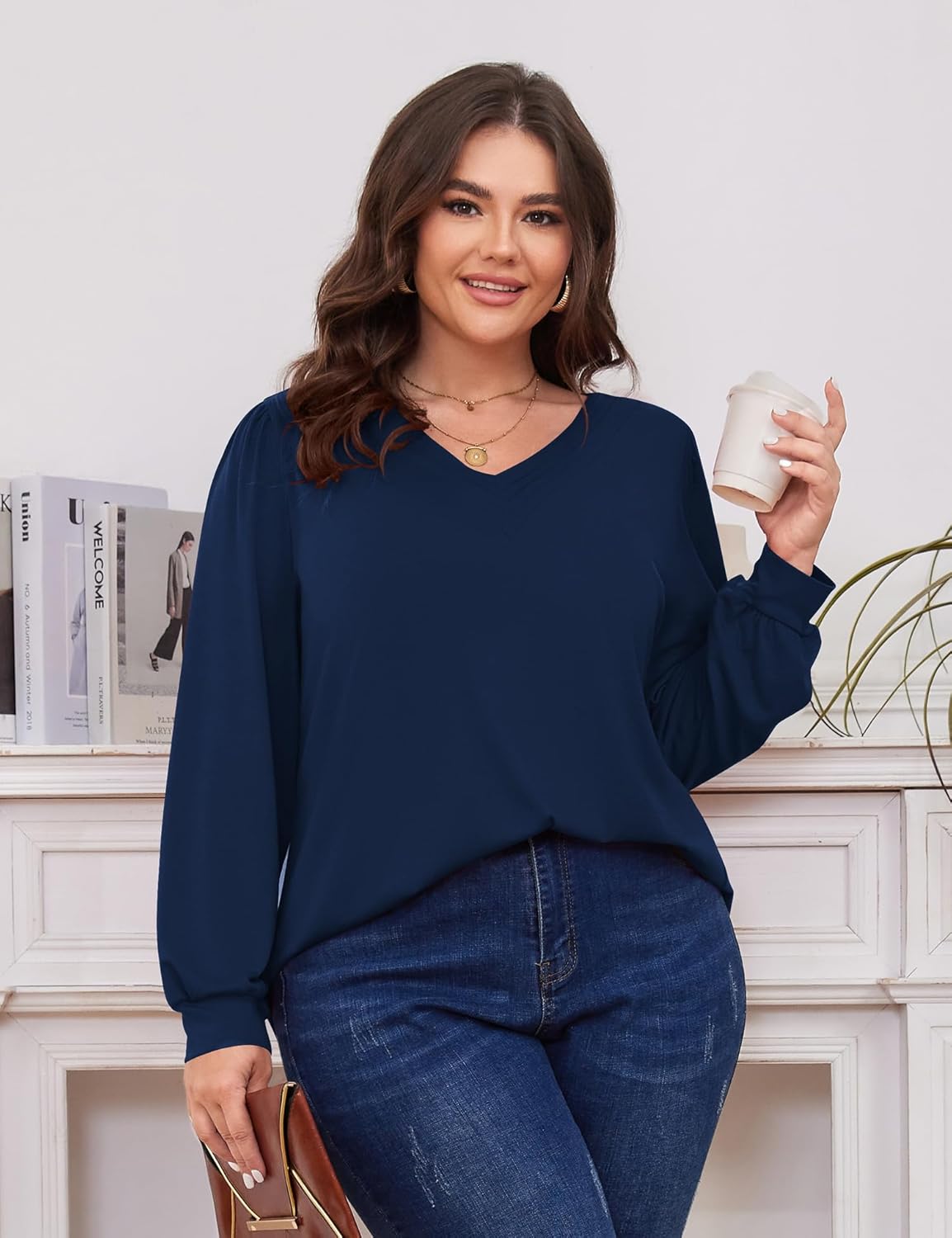 TFSDOD Plus Size Tops for Women Long Sleeve V Neck Shirts Dressy Casual Blouse Loose Fit Basic Tee Tshirt(1X-5X) - Image 3