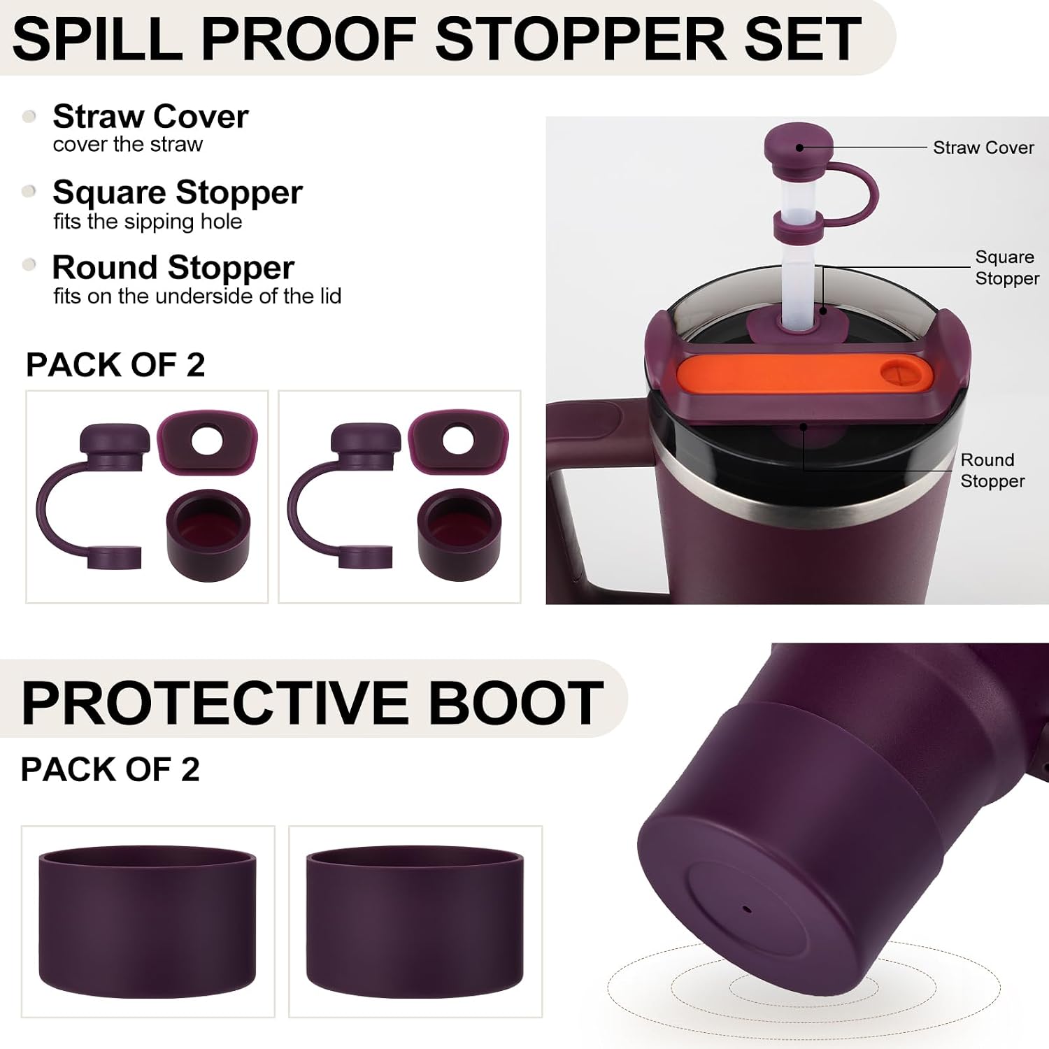 HYZ 8pcs Stanley Cup Accessories, Spill Proof Stopper & Boot Set, Plum image 2